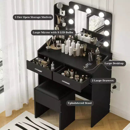 Moderna toletta trucco con specchio, luci integrate, 4 cassetti, pomelli a sfera di cristallo, presa di corrente, scrivania trucco bianca per camera da letto