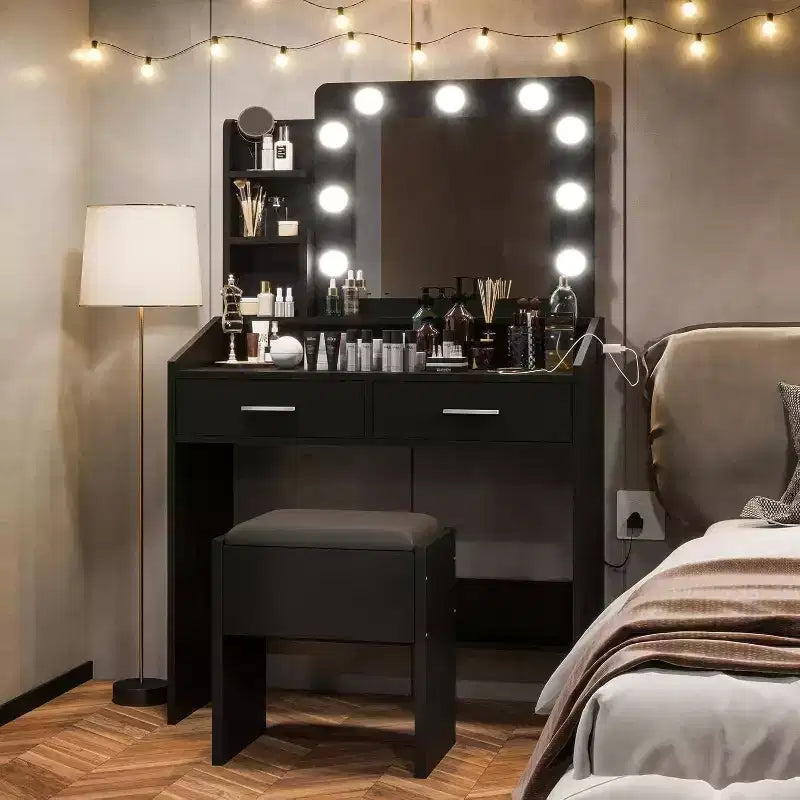 Moderna toletta trucco con specchio, luci integrate, 4 cassetti, pomelli a sfera di cristallo, presa di corrente, scrivania trucco bianca per camera da letto