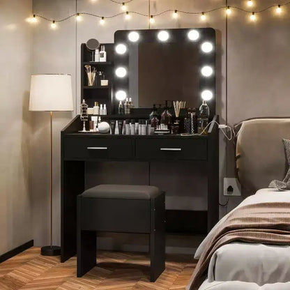 Moderna toletta trucco con specchio, luci integrate, 4 cassetti, pomelli a sfera di cristallo, presa di corrente, scrivania trucco bianca per camera da letto