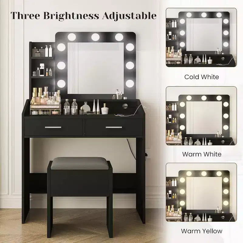 Moderna toletta trucco con specchio, luci integrate, 4 cassetti, pomelli a sfera di cristallo, presa di corrente, scrivania trucco bianca per camera da letto