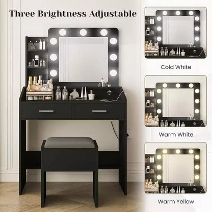 Moderna toletta trucco con specchio, luci integrate, 4 cassetti, pomelli a sfera di cristallo, presa di corrente, scrivania trucco bianca per camera da letto