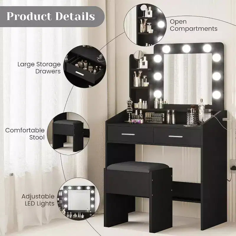 Moderna toletta trucco con specchio, luci integrate, 4 cassetti, pomelli a sfera di cristallo, presa di corrente, scrivania trucco bianca per camera da letto