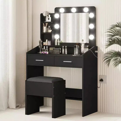 Modern Vanity Makeup Desk with Vanity Mirror, Built-in Lights, 4 Drawers, Crystal Ball Knobs, Power Outlet, White Makeup Desk for Bedroom