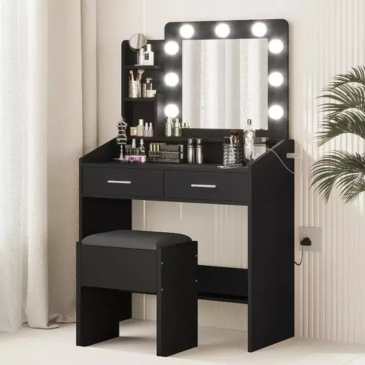 Modern Vanity Makeup Desk with Vanity Mirror, Built-in Lights, 4 Drawers, Crystal Ball Knobs, Power Outlet, White Makeup Desk for Bedroom