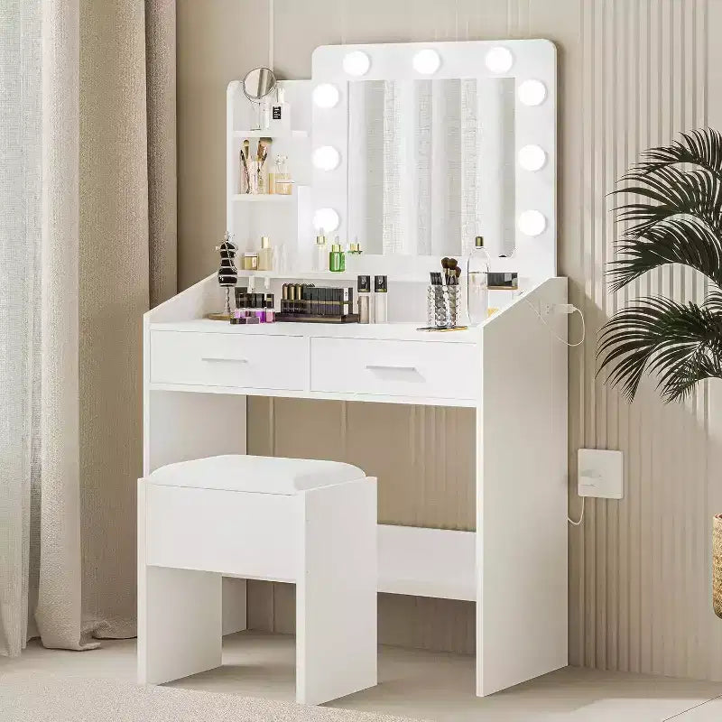 Moderna toletta trucco con specchio, luci integrate, 4 cassetti, pomelli a sfera di cristallo, presa di corrente, scrivania trucco bianca per camera da letto