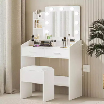 Moderna toletta trucco con specchio, luci integrate, 4 cassetti, pomelli a sfera di cristallo, presa di corrente, scrivania trucco bianca per camera da letto