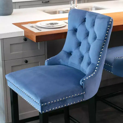 CLIHOME Set di 2 Sgabelli da Bar, Sgabelli da Bar Contemporanei Rivestiti in Velluto con Decorazione Capitonnè e Gambe in Legno