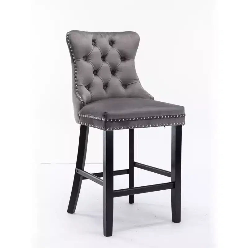CLIHOME Set di 2 Sgabelli da Bar, Sgabelli da Bar Contemporanei Rivestiti in Velluto con Decorazione Capitonnè e Gambe in Legno