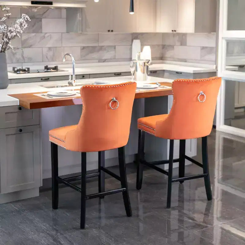 CLIHOME Set di 2 Sgabelli da Bar, Sgabelli da Bar Contemporanei Rivestiti in Velluto con Decorazione Capitonnè e Gambe in Legno