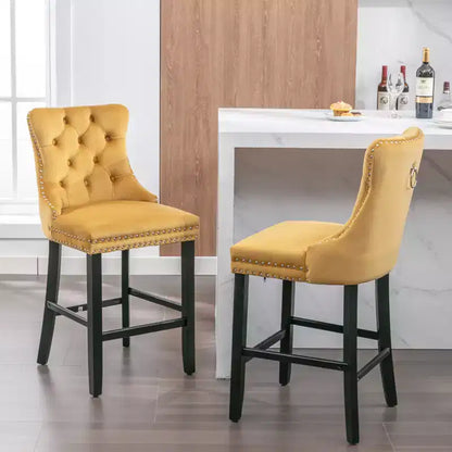 CLIHOME Set di 2 Sgabelli da Bar, Sgabelli da Bar Contemporanei Rivestiti in Velluto con Decorazione Capitonnè e Gambe in Legno
