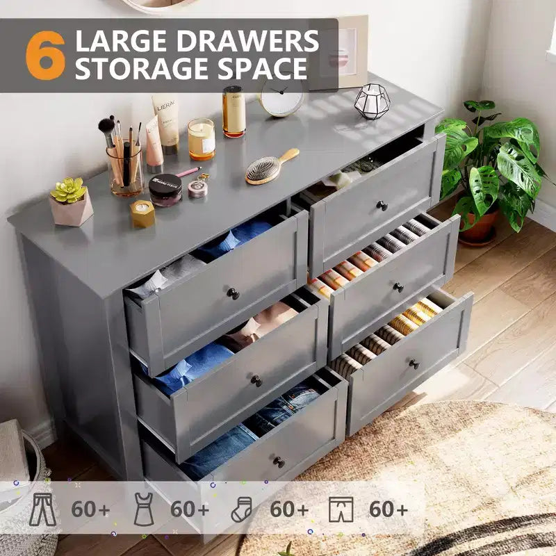 Comò a 6 cassetti per camera da letto, cassettiera in legno stile rustico per vestiti, organizer a cassetti alti