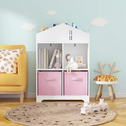 Libreria a Casetta per Bambini con Contenitore, Scaffale per Bambini, Organizzatore Espositivo a 2 Livelli con 2 Cassetti in Tessuto Pieghevoli per Camera da Letto di Bambini e Bambine