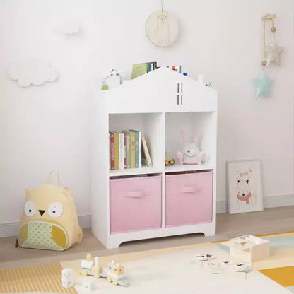 Libreria a Casetta per Bambini con Contenitore, Scaffale per Bambini, Organizzatore Espositivo a 2 Livelli con 2 Cassetti in Tessuto Pieghevoli per Camera da Letto di Bambini e Bambine