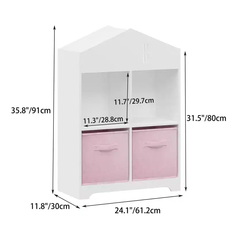 Libreria a Casetta per Bambini con Contenitore, Scaffale per Bambini, Organizzatore Espositivo a 2 Livelli con 2 Cassetti in Tessuto Pieghevoli per Camera da Letto di Bambini e Bambine