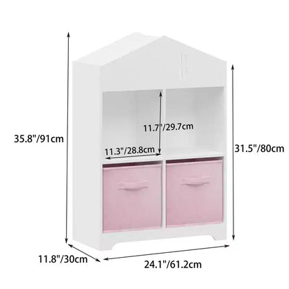 Libreria a Casetta per Bambini con Contenitore, Scaffale per Bambini, Organizzatore Espositivo a 2 Livelli con 2 Cassetti in Tessuto Pieghevoli per Camera da Letto di Bambini e Bambine