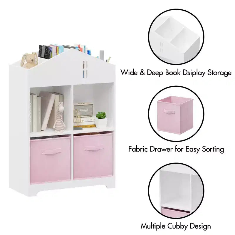 Libreria a Casetta per Bambini con Contenitore, Scaffale per Bambini, Organizzatore Espositivo a 2 Livelli con 2 Cassetti in Tessuto Pieghevoli per Camera da Letto di Bambini e Bambine