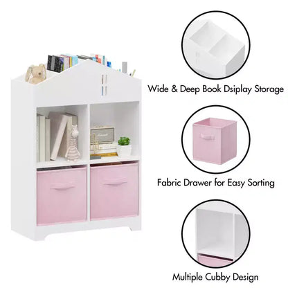Libreria a Casetta per Bambini con Contenitore, Scaffale per Bambini, Organizzatore Espositivo a 2 Livelli con 2 Cassetti in Tessuto Pieghevoli per Camera da Letto di Bambini e Bambine