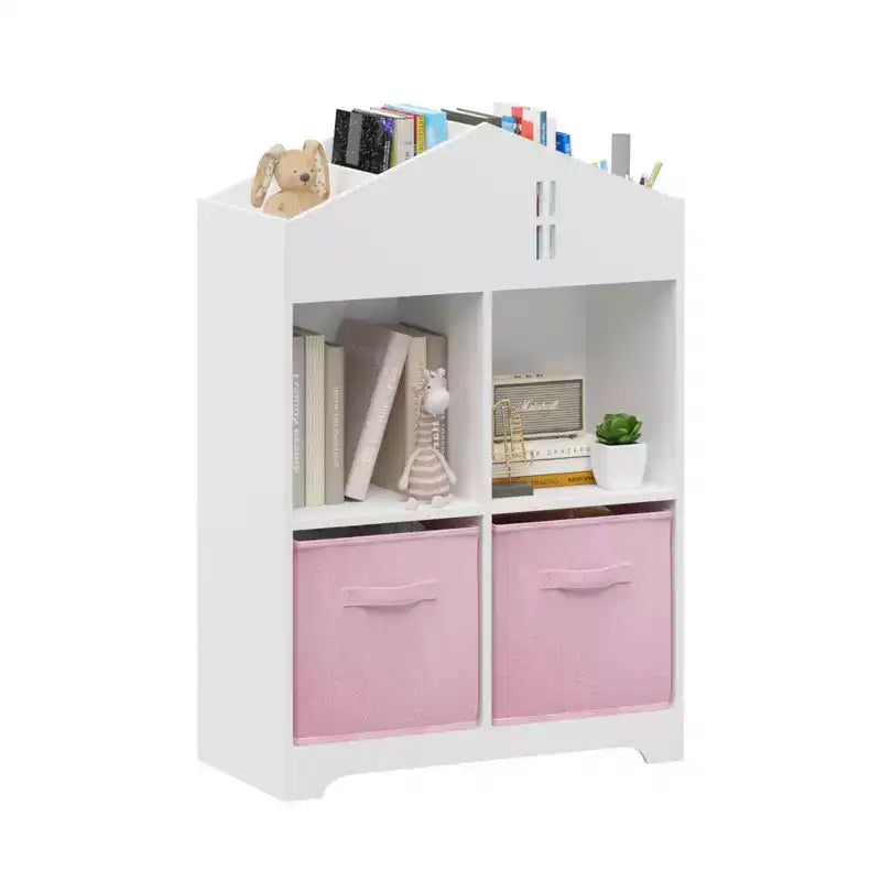 Libreria a Casetta per Bambini con Contenitore, Scaffale per Bambini, Organizzatore Espositivo a 2 Livelli con 2 Cassetti in Tessuto Pieghevoli per Camera da Letto di Bambini e Bambine