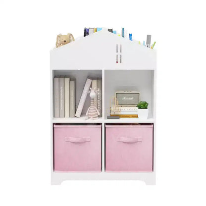 Libreria a Casetta per Bambini con Contenitore, Scaffale per Bambini, Organizzatore Espositivo a 2 Livelli con 2 Cassetti in Tessuto Pieghevoli per Camera da Letto di Bambini e Bambine