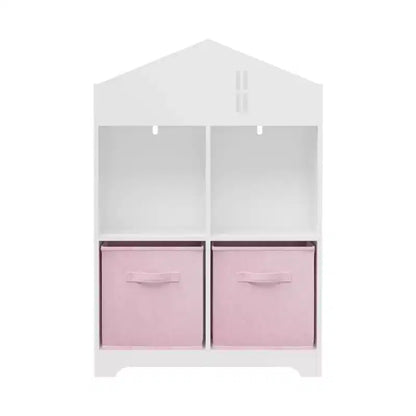 Libreria a Casetta per Bambini con Contenitore, Scaffale per Bambini, Organizzatore Espositivo a 2 Livelli con 2 Cassetti in Tessuto Pieghevoli per Camera da Letto di Bambini e Bambine