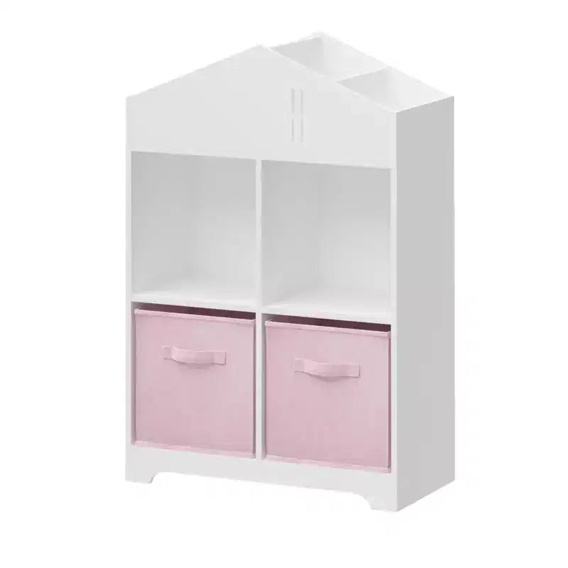 Libreria a Casetta per Bambini con Contenitore, Scaffale per Bambini, Organizzatore Espositivo a 2 Livelli con 2 Cassetti in Tessuto Pieghevoli per Camera da Letto di Bambini e Bambine
