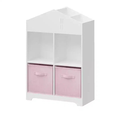 Libreria a Casetta per Bambini con Contenitore, Scaffale per Bambini, Organizzatore Espositivo a 2 Livelli con 2 Cassetti in Tessuto Pieghevoli per Camera da Letto di Bambini e Bambine