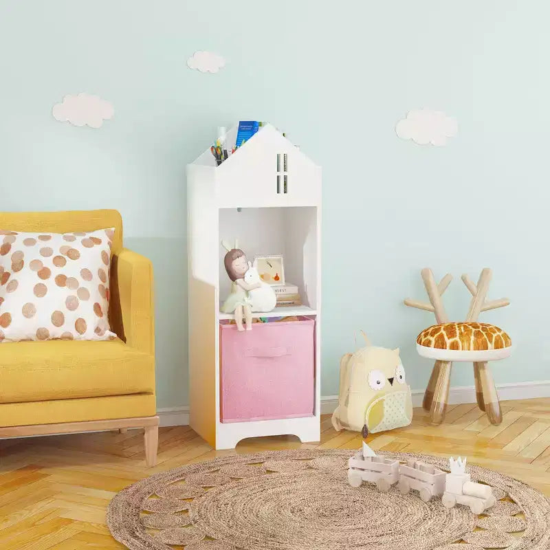 Libreria a Casetta per Bambini con Contenitore, Scaffale per Bambini, Organizzatore Espositivo a 2 Livelli con 2 Cassetti in Tessuto Pieghevoli per Camera da Letto di Bambini e Bambine