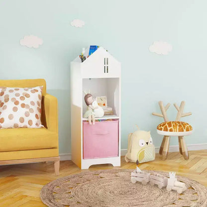 Libreria a Casetta per Bambini con Contenitore, Scaffale per Bambini, Organizzatore Espositivo a 2 Livelli con 2 Cassetti in Tessuto Pieghevoli per Camera da Letto di Bambini e Bambine