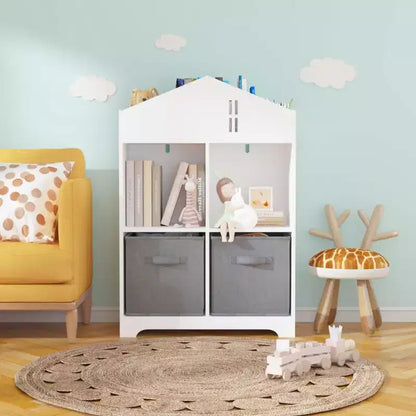Libreria a Casetta per Bambini con Contenitore, Scaffale per Bambini, Organizzatore Espositivo a 2 Livelli con 2 Cassetti in Tessuto Pieghevoli per Camera da Letto di Bambini e Bambine