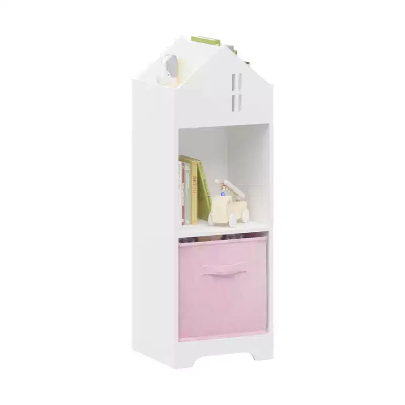 Libreria a Casetta per Bambini con Contenitore, Scaffale per Bambini, Organizzatore Espositivo a 2 Livelli con 2 Cassetti in Tessuto Pieghevoli per Camera da Letto di Bambini e Bambine