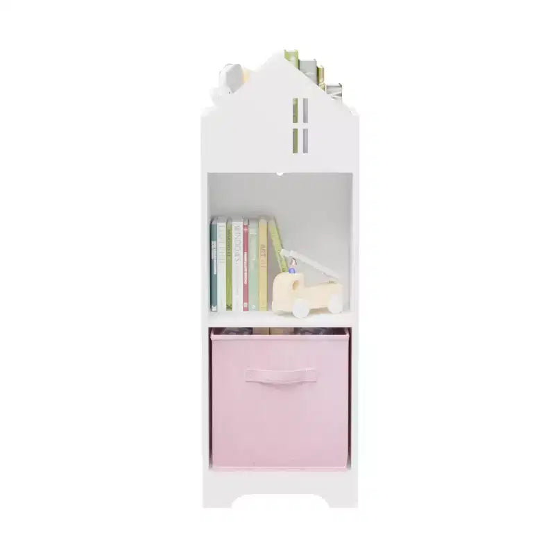 Libreria a Casetta per Bambini con Contenitore, Scaffale per Bambini, Organizzatore Espositivo a 2 Livelli con 2 Cassetti in Tessuto Pieghevoli per Camera da Letto di Bambini e Bambine