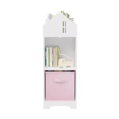 Libreria a Casetta per Bambini con Contenitore, Scaffale per Bambini, Organizzatore Espositivo a 2 Livelli con 2 Cassetti in Tessuto Pieghevoli per Camera da Letto di Bambini e Bambine