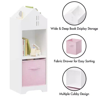 Libreria a Casetta per Bambini con Contenitore, Scaffale per Bambini, Organizzatore Espositivo a 2 Livelli con 2 Cassetti in Tessuto Pieghevoli per Camera da Letto di Bambini e Bambine