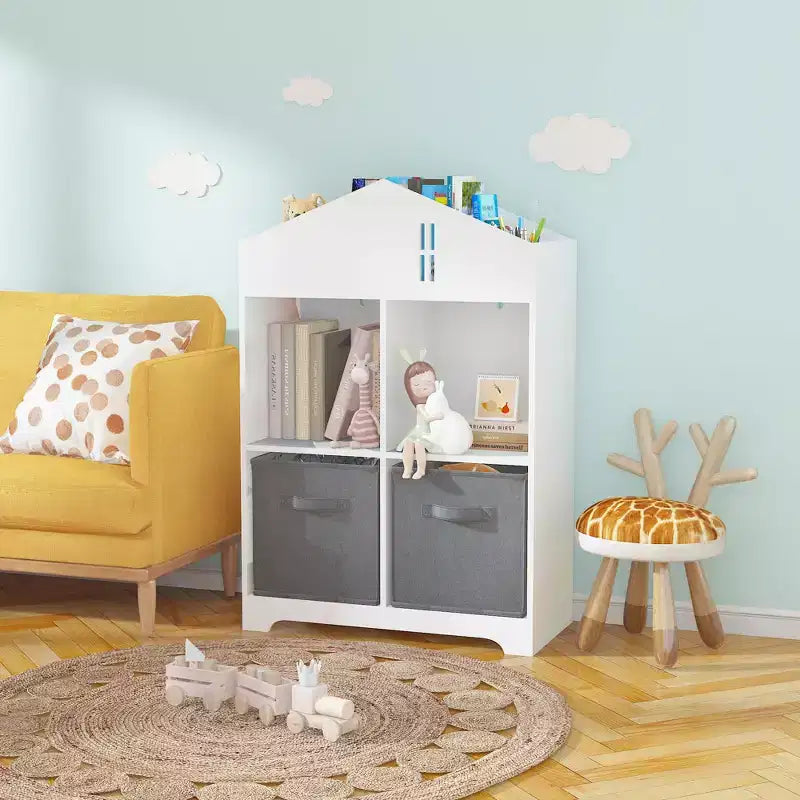 Libreria a Casetta per Bambini con Contenitore, Scaffale per Bambini, Organizzatore Espositivo a 2 Livelli con 2 Cassetti in Tessuto Pieghevoli per Camera da Letto di Bambini e Bambine