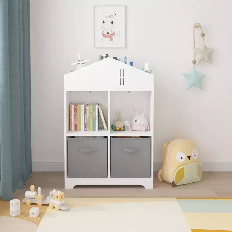 Libreria a Casetta per Bambini con Contenitore, Scaffale per Bambini, Organizzatore Espositivo a 2 Livelli con 2 Cassetti in Tessuto Pieghevoli per Camera da Letto di Bambini e Bambine