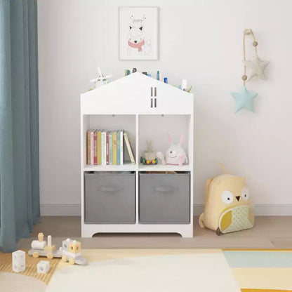 Libreria a Casetta per Bambini con Contenitore, Scaffale per Bambini, Organizzatore Espositivo a 2 Livelli con 2 Cassetti in Tessuto Pieghevoli per Camera da Letto di Bambini e Bambine