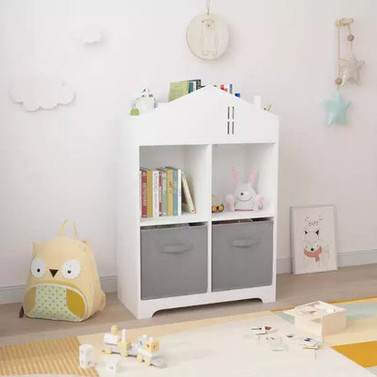 Libreria a Casetta per Bambini con Contenitore, Scaffale per Bambini, Organizzatore Espositivo a 2 Livelli con 2 Cassetti in Tessuto Pieghevoli per Camera da Letto di Bambini e Bambine