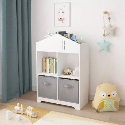 Libreria a Casetta per Bambini con Contenitore, Scaffale per Bambini, Organizzatore Espositivo a 2 Livelli con 2 Cassetti in Tessuto Pieghevoli per Camera da Letto di Bambini e Bambine