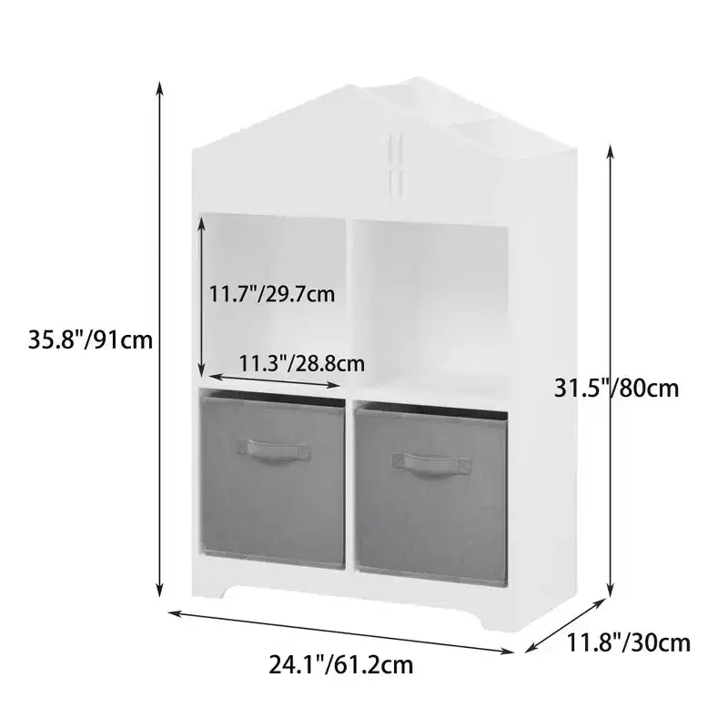 Libreria a Casetta per Bambini con Contenitore, Scaffale per Bambini, Organizzatore Espositivo a 2 Livelli con 2 Cassetti in Tessuto Pieghevoli per Camera da Letto di Bambini e Bambine