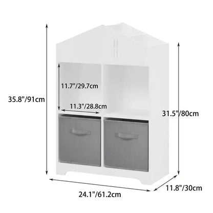Libreria a Casetta per Bambini con Contenitore, Scaffale per Bambini, Organizzatore Espositivo a 2 Livelli con 2 Cassetti in Tessuto Pieghevoli per Camera da Letto di Bambini e Bambine