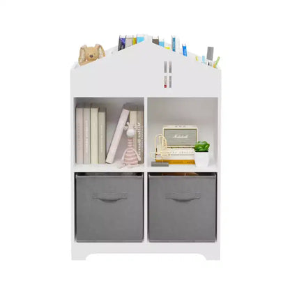 Libreria a Casetta per Bambini con Contenitore, Scaffale per Bambini, Organizzatore Espositivo a 2 Livelli con 2 Cassetti in Tessuto Pieghevoli per Camera da Letto di Bambini e Bambine
