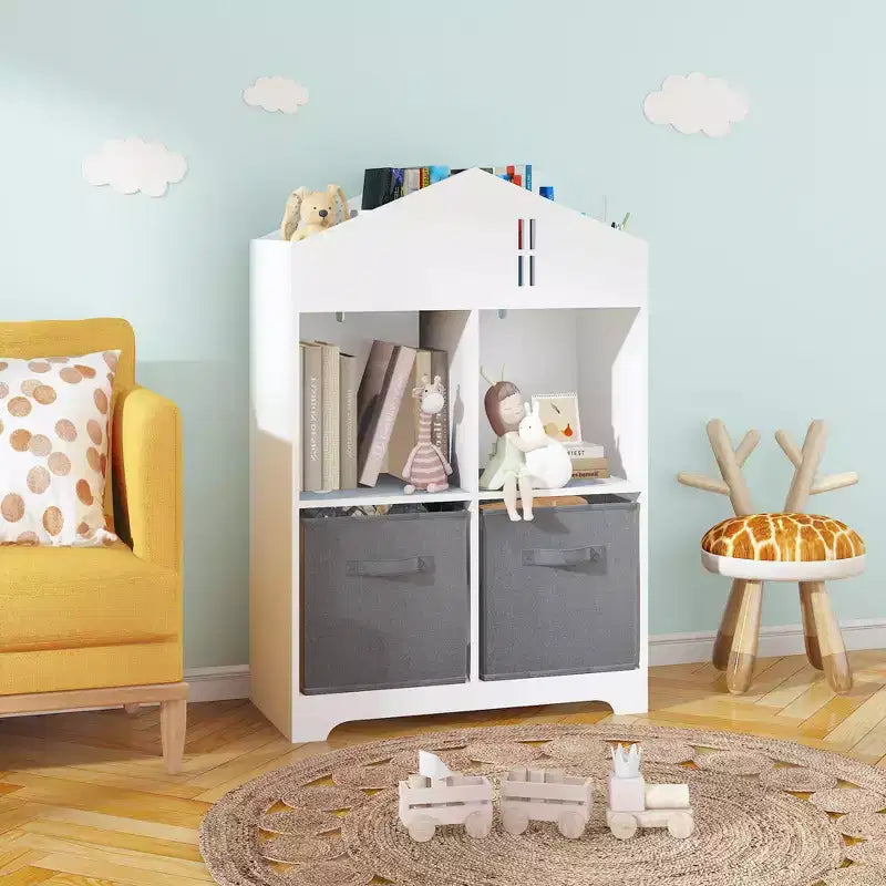 Kids Dollhouse Bookcase with Storage, Toddler Bookshelf, 2-Tier Storage Display Organizer with 2 Collapsible Fabric Drawers for Boys Girls Bedroom