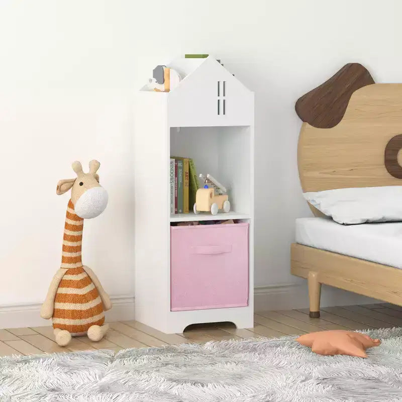 Libreria a Casetta per Bambini con Contenitore, Scaffale per Bambini, Organizzatore Espositivo a 2 Livelli con 2 Cassetti in Tessuto Pieghevoli per Camera da Letto di Bambini e Bambine