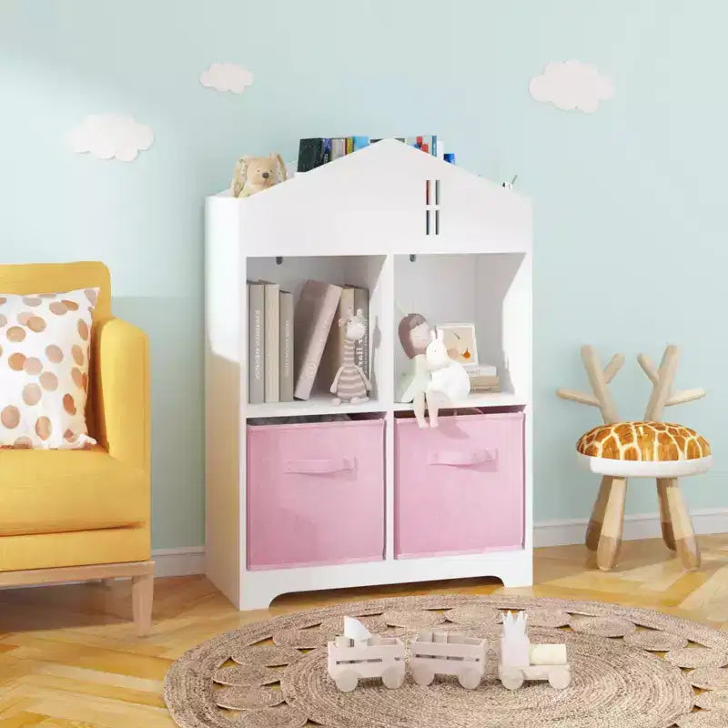 Libreria a Casetta per Bambini con Contenitore, Scaffale per Bambini, Organizzatore Espositivo a 2 Livelli con 2 Cassetti in Tessuto Pieghevoli per Camera da Letto di Bambini e Bambine