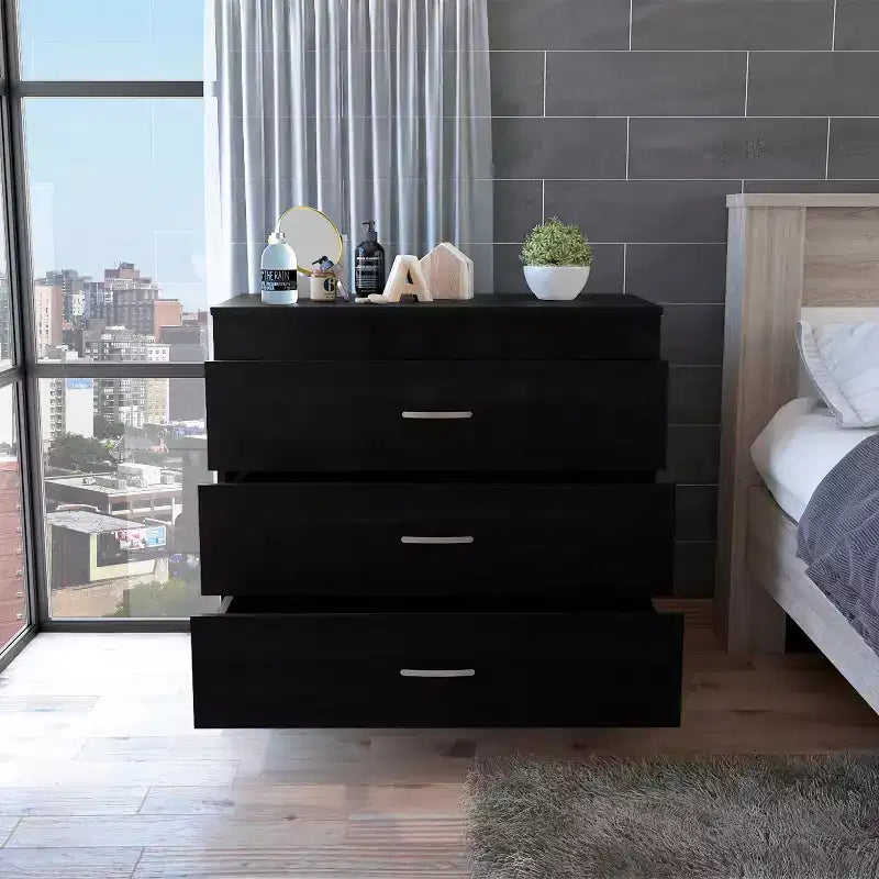 Comò moderno compatto a 3 cassetti Okak con finitura in legno, cassetti impilati per ampio spazio di archiviazione, maniglie in metallo per soggiorno/camera da letto/ufficio