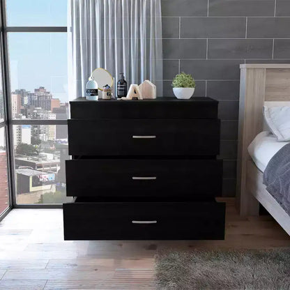 Comò moderno compatto a 3 cassetti Okak con finitura in legno, cassetti impilati per ampio spazio di archiviazione, maniglie in metallo per soggiorno/camera da letto/ufficio