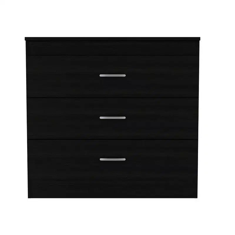 Comò moderno compatto a 3 cassetti Okak con finitura in legno, cassetti impilati per ampio spazio di archiviazione, maniglie in metallo per soggiorno/camera da letto/ufficio