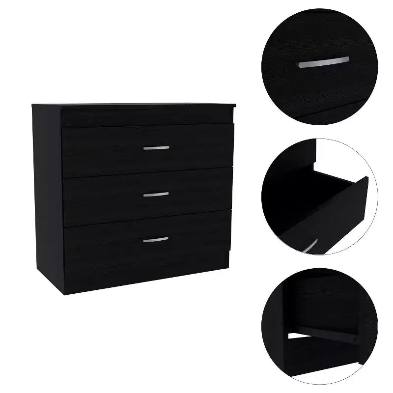 Comò moderno compatto a 3 cassetti Okak con finitura in legno, cassetti impilati per ampio spazio di archiviazione, maniglie in metallo per soggiorno/camera da letto/ufficio