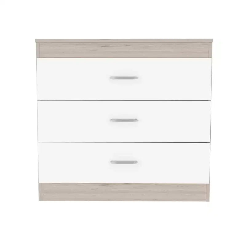 Comò moderno compatto a 3 cassetti Okak con finitura in legno, cassetti impilati per ampio spazio di archiviazione, maniglie in metallo per soggiorno/camera da letto/ufficio