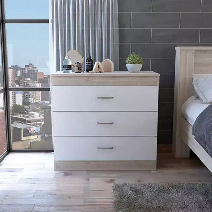 Comò moderno compatto a 3 cassetti Okak con finitura in legno, cassetti impilati per ampio spazio di archiviazione, maniglie in metallo per soggiorno/camera da letto/ufficio